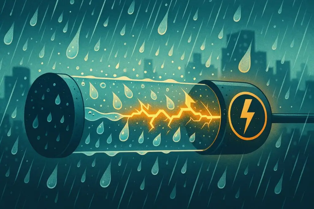 No, non si prende la scossa, invece si genera elettricità con la pioggia (Illustrazione fatta con AI)