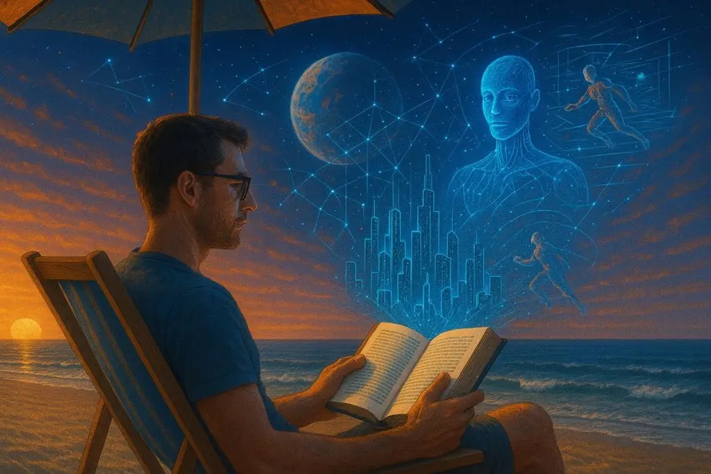 Letture da spiaggia interdimensionale (Immagine generata con l'AI)