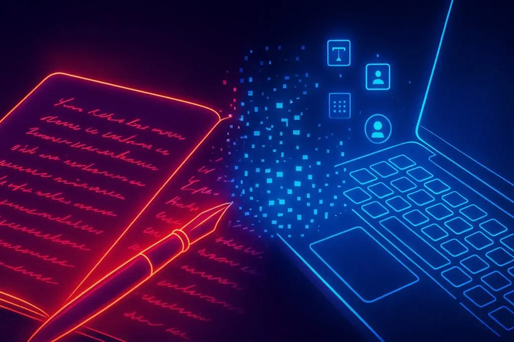 Scrivere o non scrivere? (Immagine AI molto anni Ottanta)