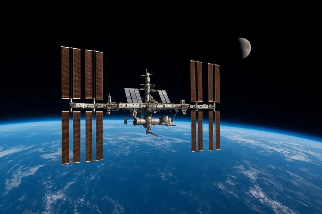 La Stazione Spaziale Internazionale si prepara a salutarci Rappresentazione artistica della Stazione Spaziale Internazionale. Ovviamente l'artista è l'intelligenza artificiale (Un artista dalla grande sensibilità)