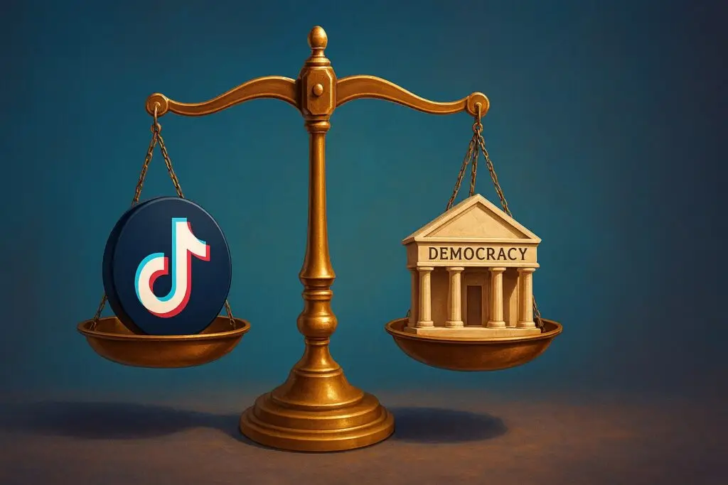 Usare TikTok in politica è una buona idea? Chi vincerà tra democrazia e TikTok ce lo potrebbe dire ChatGPT che ha anche fatto l'immagine