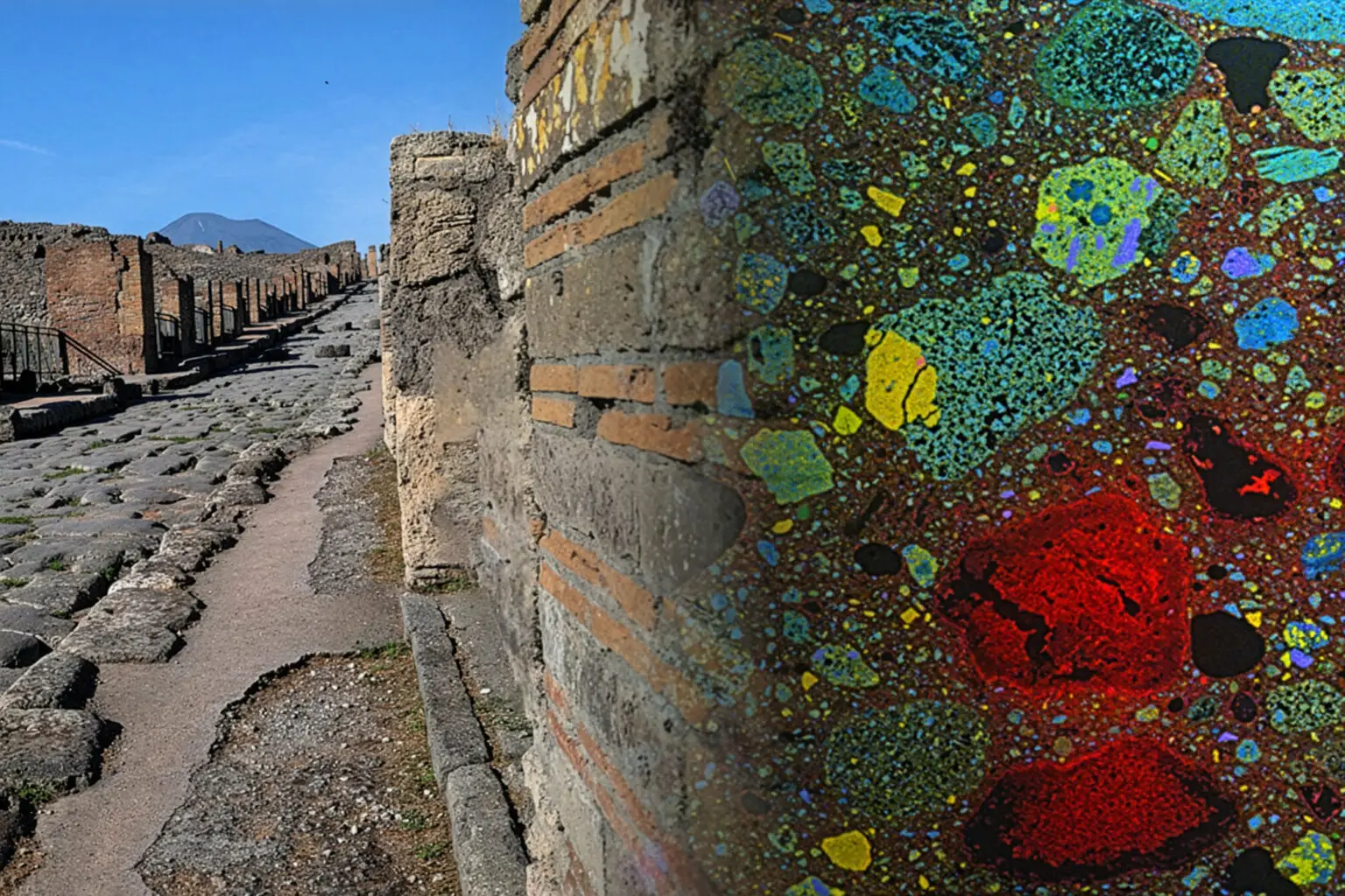 L'analisi di un muro di Pompei appena scavato che mostra con colori diversi i segreti della composizione del cemento romano (Immagine cortesia Parco Archeologico di Pompei)