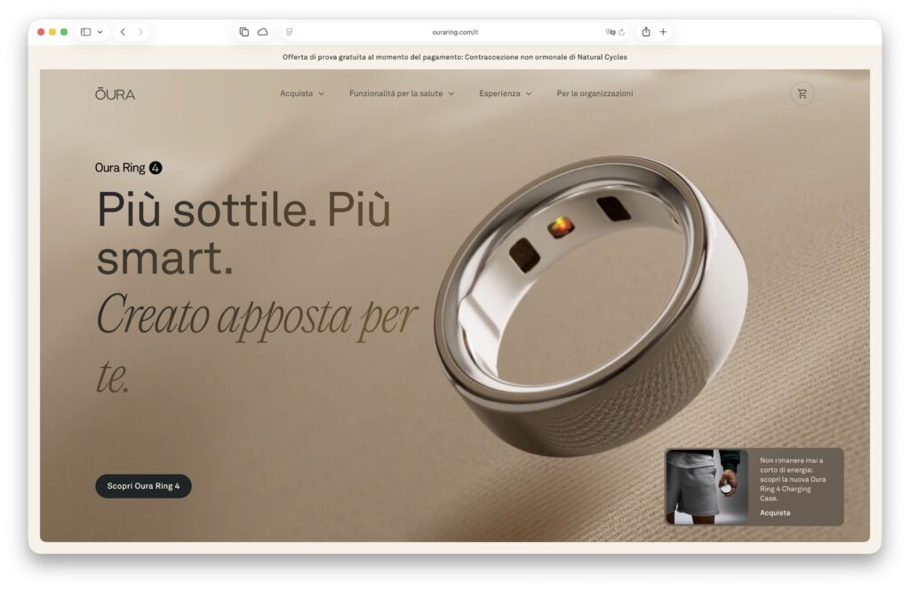 Il sito web dell'azienda (Immagine Oura)